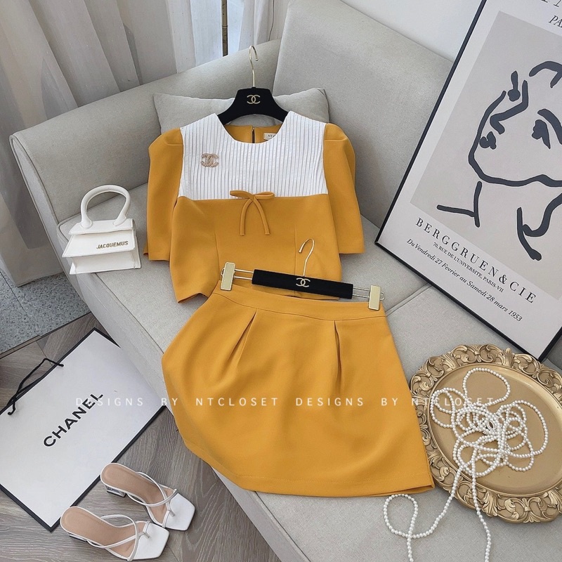 Set áo sơ mi nơ mix chân váy A nt closet tặng kèm tag