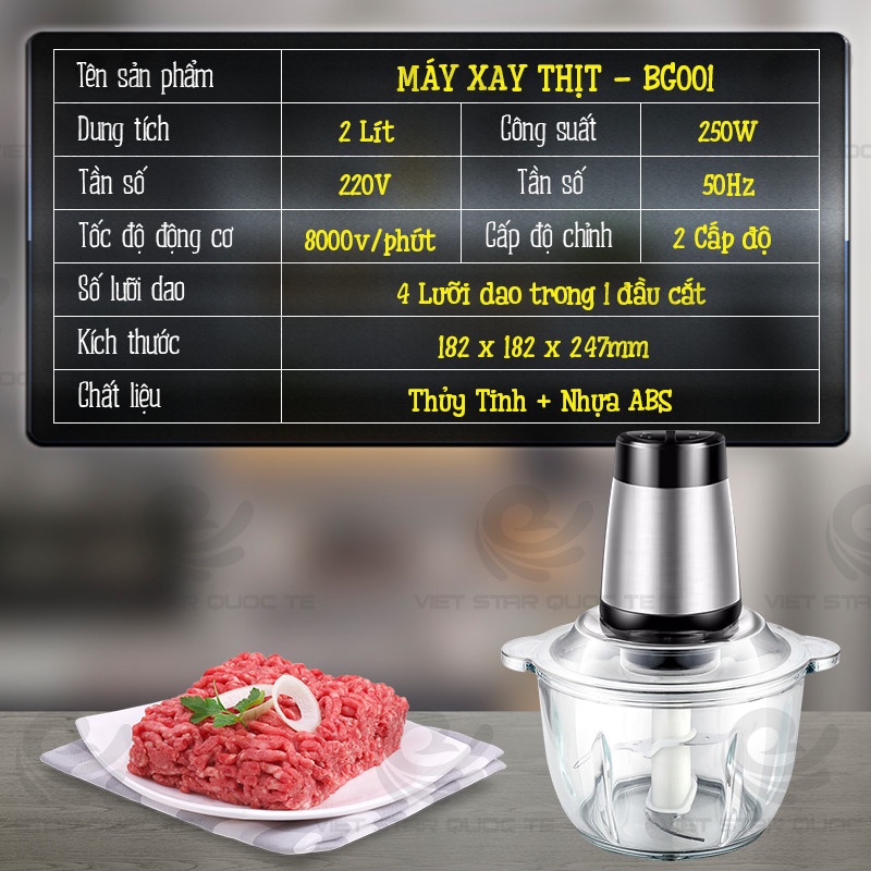 Máy xay thịt inox không gỉ &amp; thủy tinh cao cấp, nhựa ABS, công suất 250W, dung tích 2 lít, chính hãng bảo hành 12 tháng