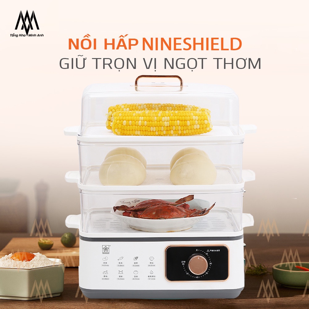 Nồi hấp điện Nineshield KB-3001 - Dung tích 22 lít - Máy hấp thực phẩm đa năng 3 tầng - Nồi hấp đa năng