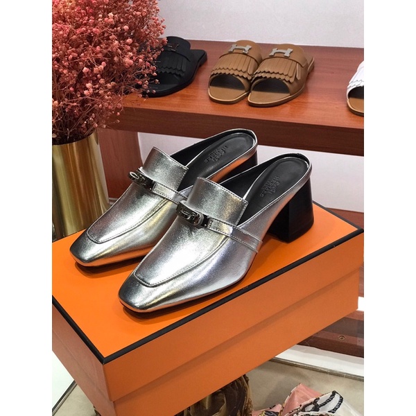 Giày sục gót cao 6cm cao cấp thương hiệu Hermes HM Blossom da thật mẫu mới