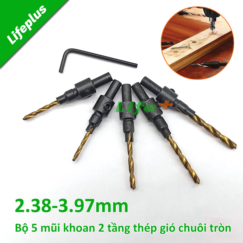 Bộ 5 mũi khoan 2 tầng chỉnh cữ bắt âm mũ vít 2.38-3.97mm phủ titan chuôi tròn