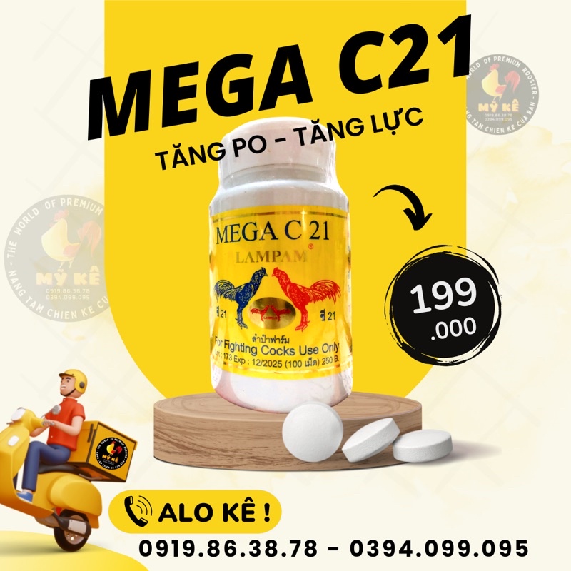 Thuốc gà đá tăng lực Megac21 Thái Lan - hộp 100 viên