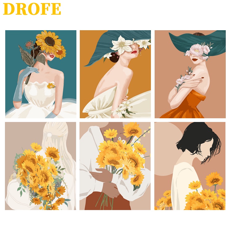 DROFE Bộ tranh vải canvas tự tô màu acrylic theo số vẽ cô gái và bông hoa nghệ thuật 40x50cm dùng treo tường