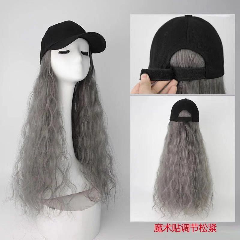 Tóc giả xoăn dài phối mũ lưỡi trai màu lì hợp thời trang