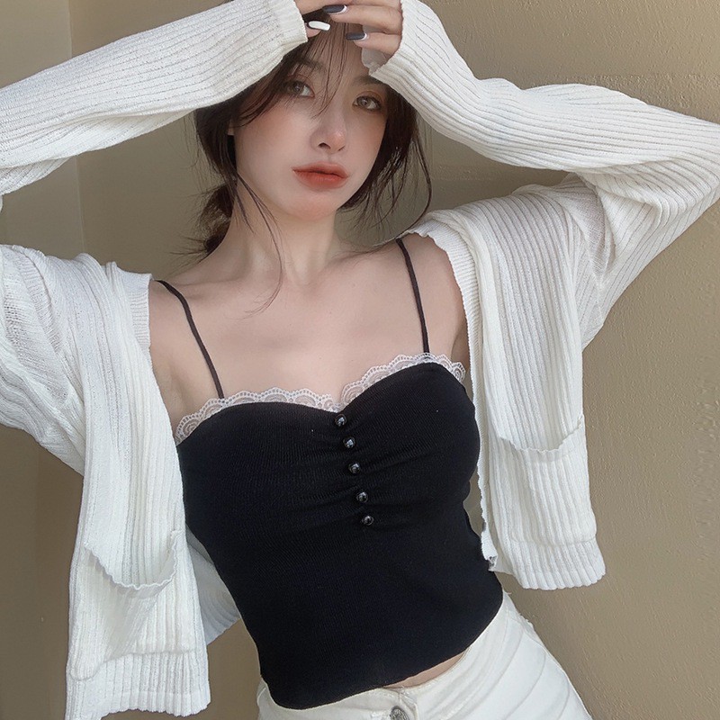 Áo Croptop Dệt Kim Phối Ren Hoa Thiết Kế Màu Trơn Thanh Lịch