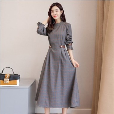 Đầm Dáng Dài Kẻ Sọc Caro Trẻ Trung Thời Trang Xuân Thu Cho Nữ Size S-2Xl