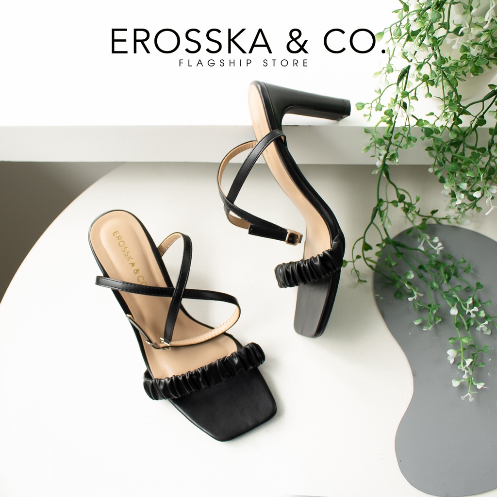Erosska - Giày sandal cao gót nữ mũi vuông quai nhún thanh lịch cao 8cm màu nude - EB044