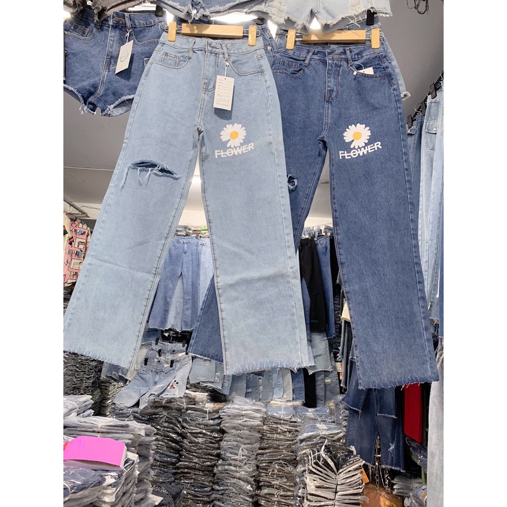 [FREESHIP_50K] Quần jean baggy nữ ống rộng in hình hoa Cúc cá tính AnNgo - AT30