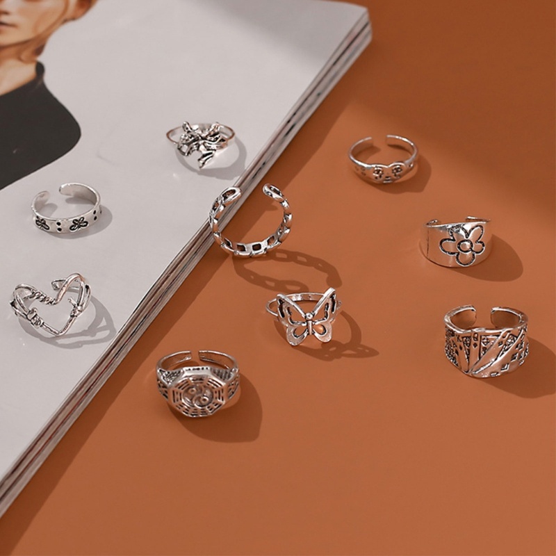Set 9 Nhẫn Đeo Ngón Tay Họa Tiết Hoa Cúc / Bướm Sáng Tạo Dùng Làm Quà Tặng Sinh Nhật