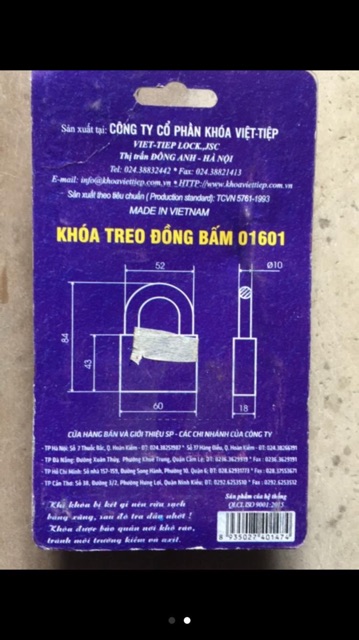 Khoá Việt Tiệp 01601 bấm được