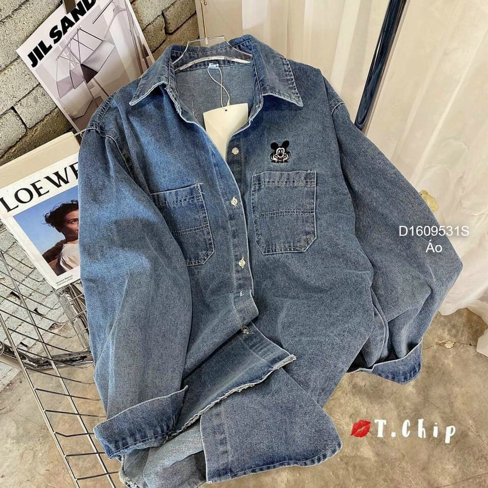 Áo sơ mi jean có túi thêu Micky tay dài!