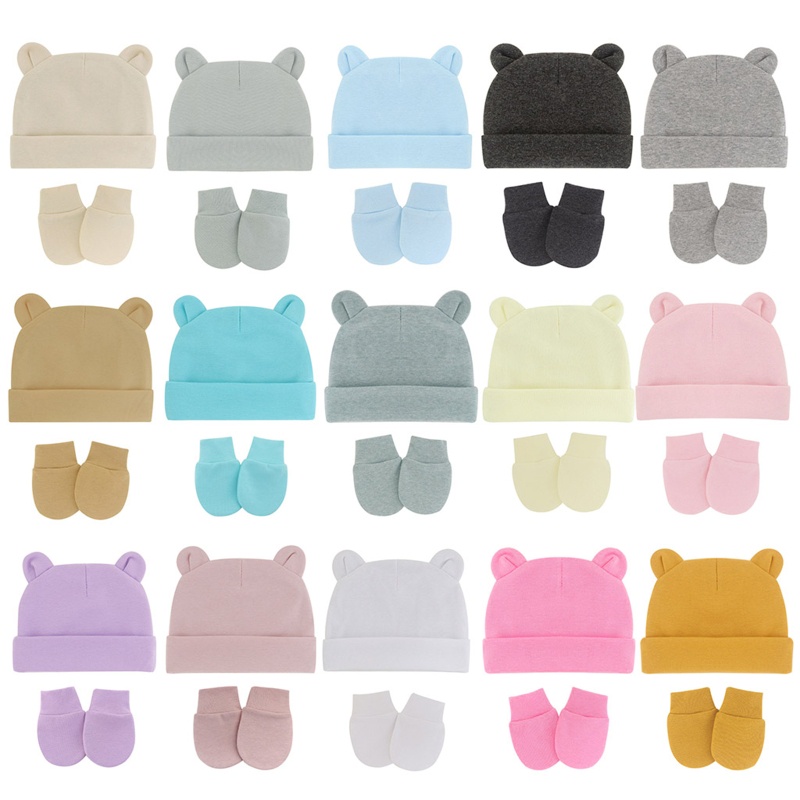 Bộ Mũ Và Găng Tay Bằng Cotton Màu Sắc Ngọt Ngào Cho Bé Sơ Sinh 0-1 Tuổi
