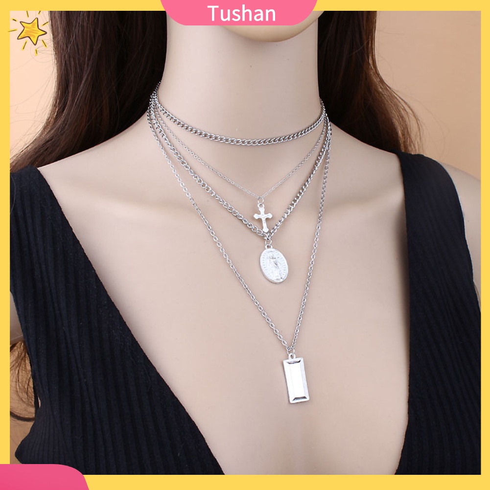 Vòng cổ choker mặt chữ thập nhiều lớp phong cách retro
