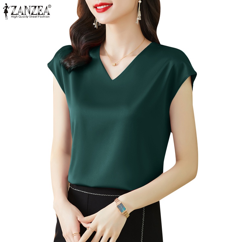 Áo satin Zanzea ngắn tay cổ chữ V thời trang dành cho nữ