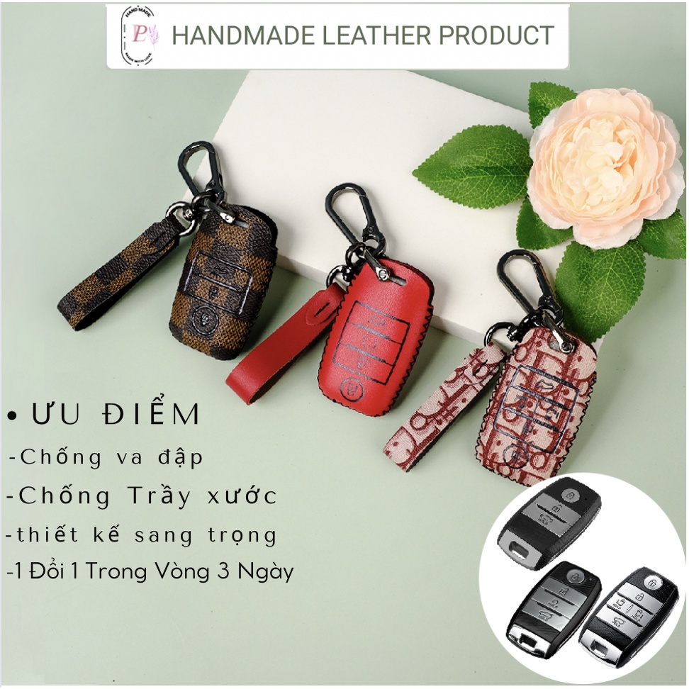 Bao da bọc chìa khóa smartkey xe ô tô Kia Seltos Cerato Soluto Rondo Sonet Sendona Morning 2022 khâu tay móc đen KMK