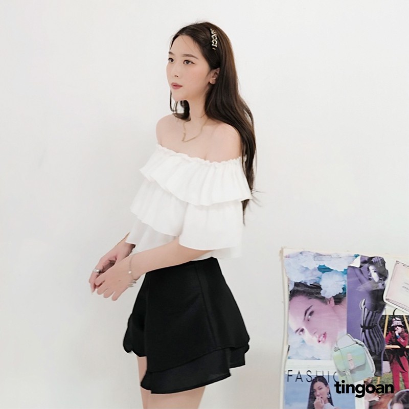 Áo trễ vai croptop 3 tầng đũi chống nhăn co dãn trắng tingoan BOY BYE OFF/WH