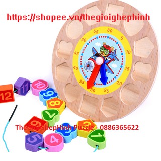 Đồng hồ phân biệt hình khối kết hợp luồn hạt xâu dây bằng gỗ