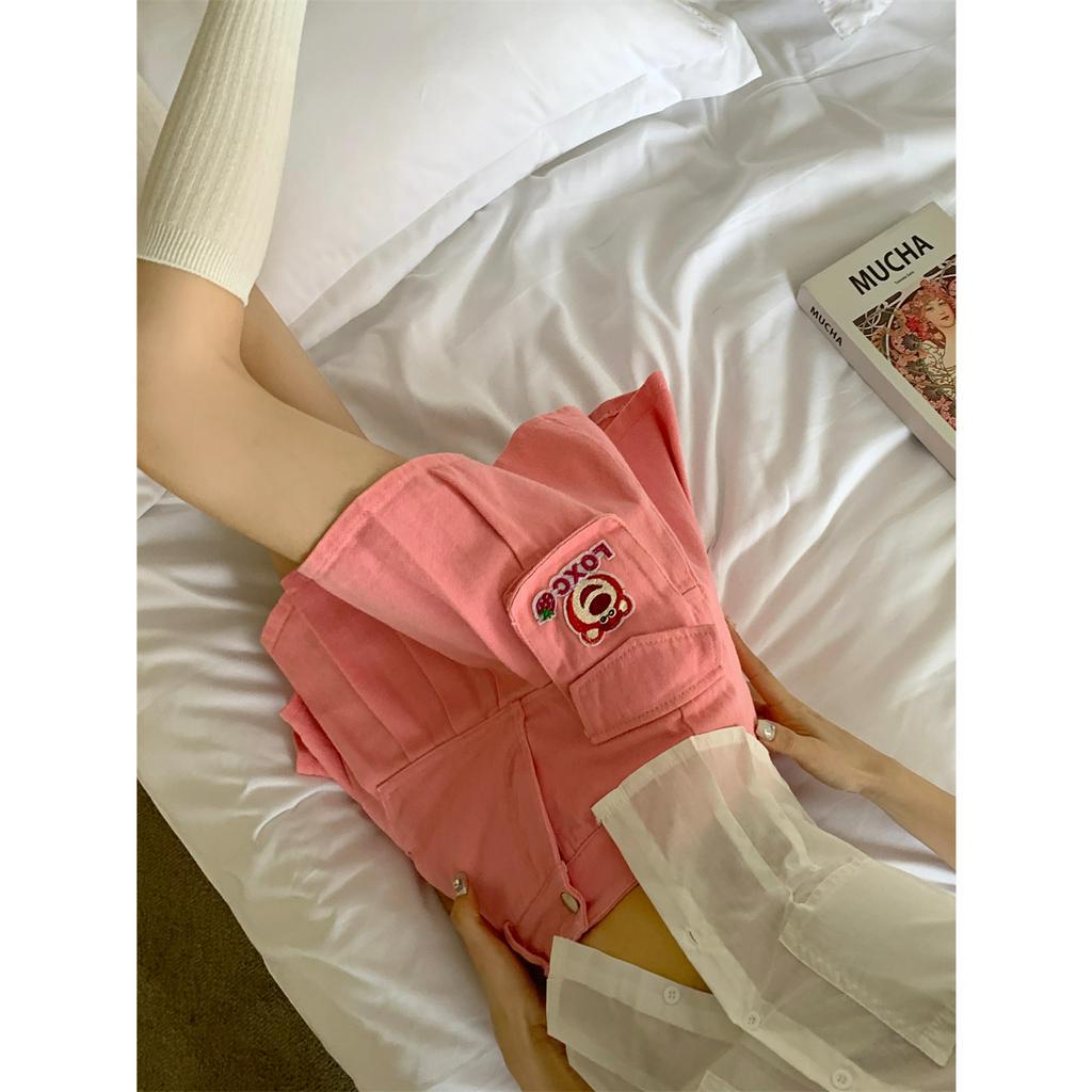 Lalisas Chân váy jean Ngắn Chữ A Xếp Ly Lưng Cao Màu Hồng In Họa Tiết Gấu Và Dâu Tây Dễ Thương Thời Trang Cho Nữ
