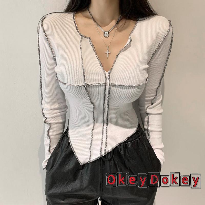 Áo Thun Tay Dài Màu Trơn Dáng Ôm Thời Trang Mùa Thu Sáng Tạo Cho Nữ