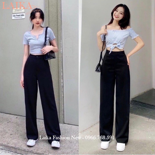 Quần tây nữ ống rộng đi học khóa trước lưng cao cạp có đỉa dáng quần vải nữ ống rộng suông dài đen dày mềm co giãn nhẹ
