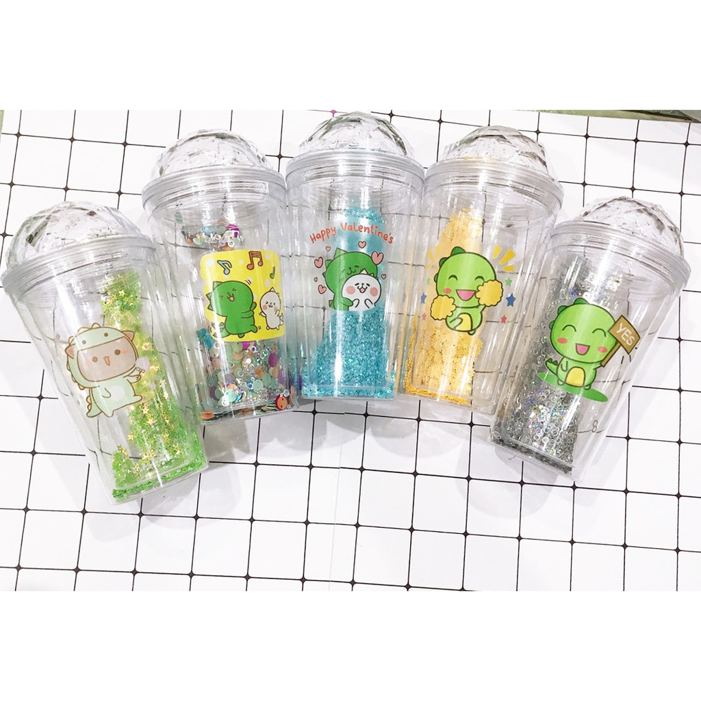 cốc 2 lớp kim tuyến khủng long CNKI17 cốc giữ nhiệt ly 2 lớp cốc làm lạnh dễ thương 500ml