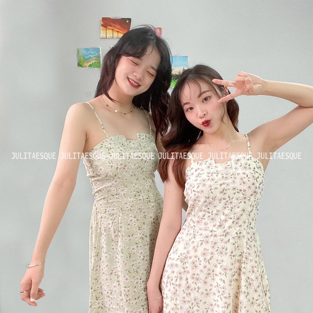 Váy hoa nhí 2 dây, đầm hoa nhí hai dây dáng dài maxi chất voan có bo chun đi biển, đi chơi - Liti Dress