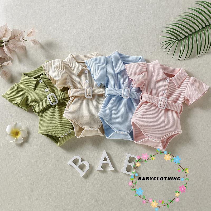 Bộ Áo Liền Quần Cổ Bẻ Tay Áo Cánh Tiên Màu Trơn Kèm Thắt Lưng Dành Cho Bé 0-24 Tháng