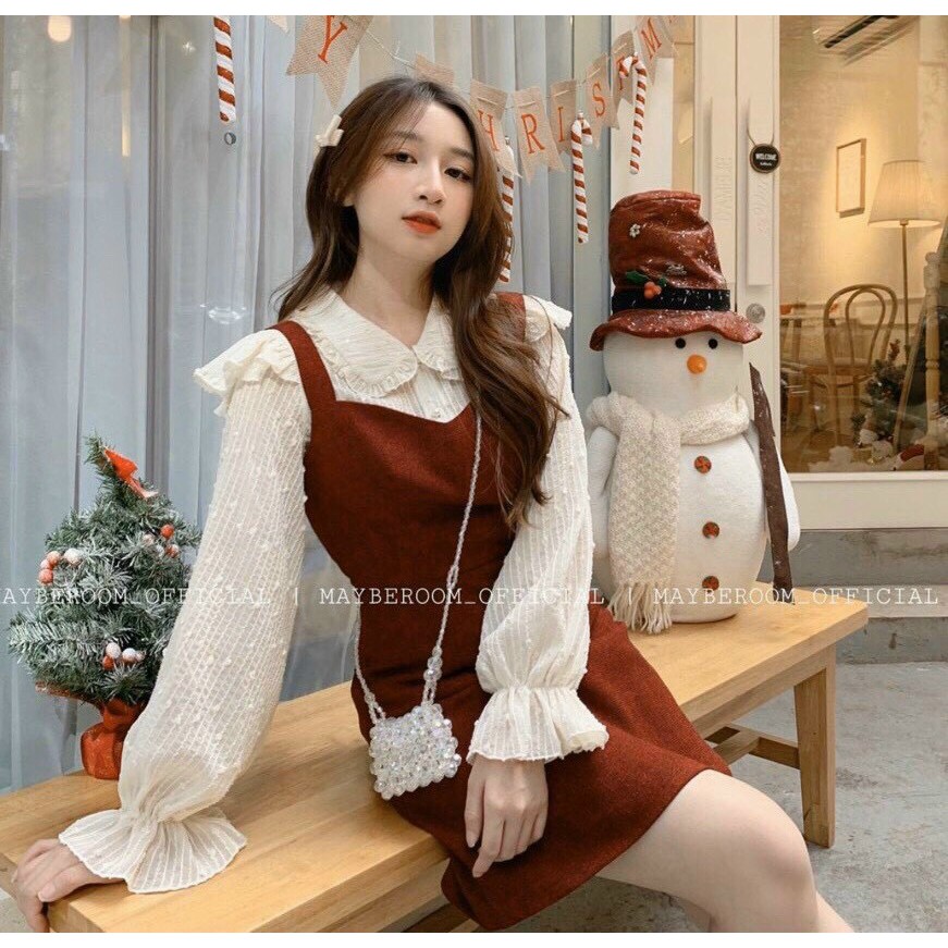 Set yếm nhung đỏ + áo cổ sen bèo tay loe ? KÈM ẢNH THẬT 💖 BAO KIỂM ❌