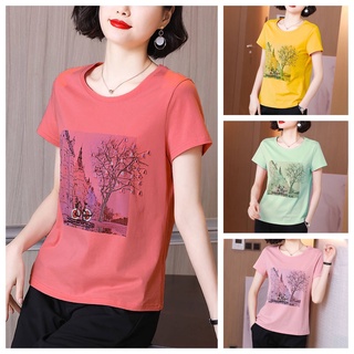 Thời Trang Áo Thun Ngắn Tay In Họa Tiết Cho Phụ Nữ Trung Niên