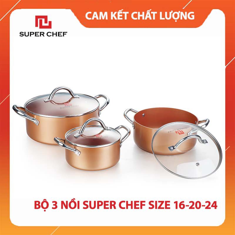 Bộ 3 Nồi Nắp Kính Super Chef 16Cm + 20Cm + 24Cm