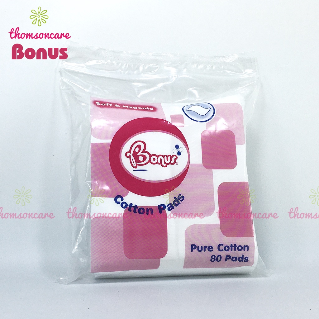 Bông tẩy trang Bonus gói 80 miếng vuông từ Thái Lan Pure Cotton Pads từ bông gòn tự nhiên