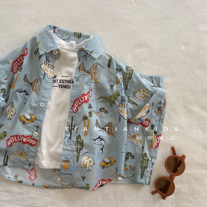 Bộ Áo Thun Tay Ngắn Và Quần Lửng In Hình Khủng Long Dành Cho Bé Trai Gái