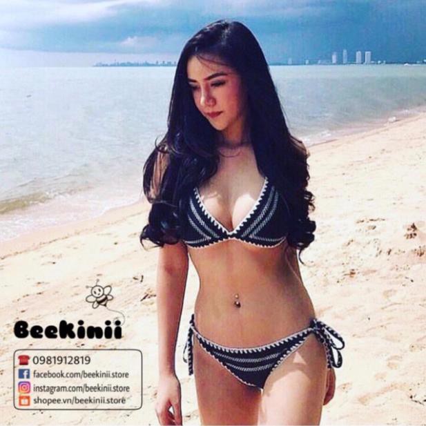 Bikini 2 mảnh đen - trắng khâu viền quần buộc dây  ྇