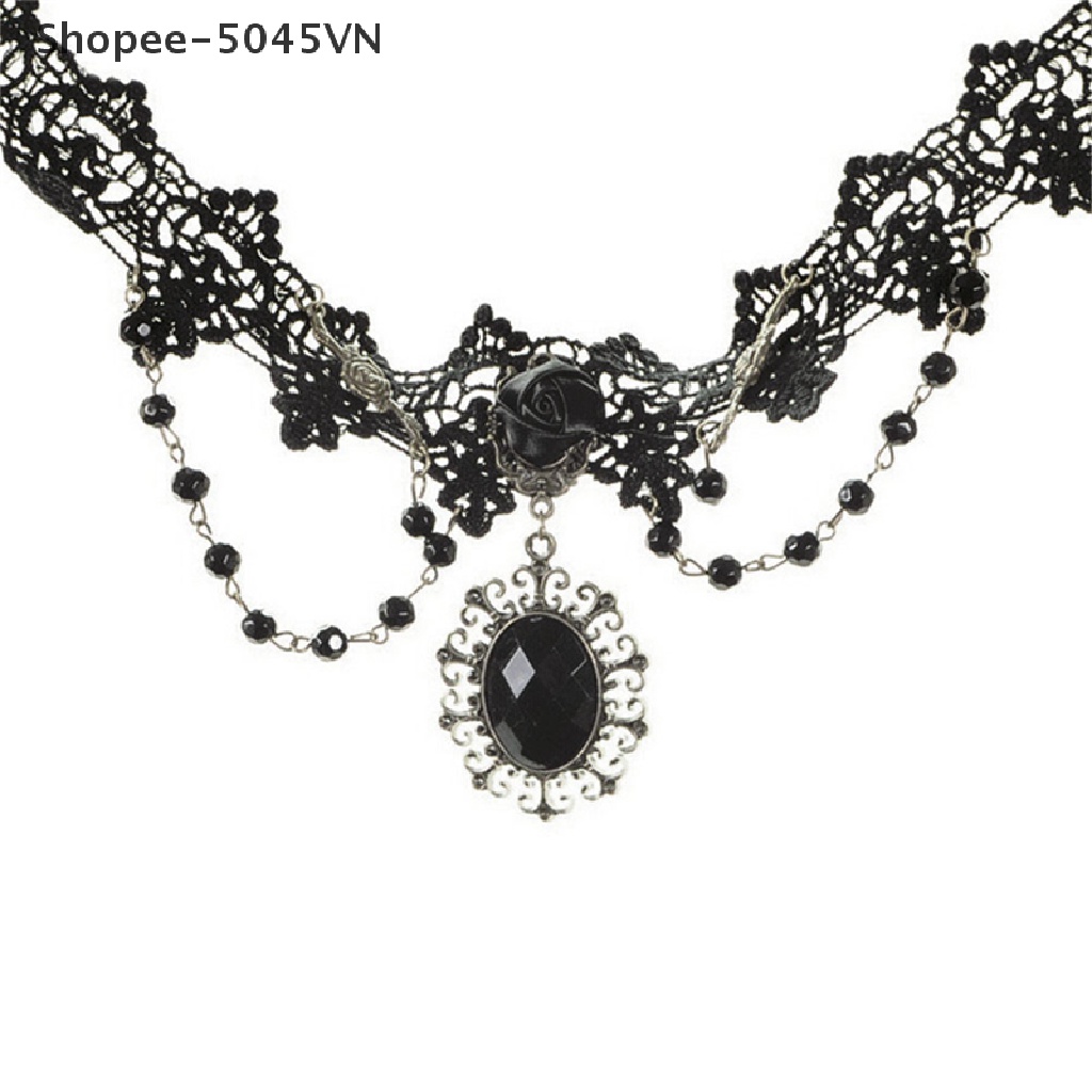 Vòng Cổ Choker Ren Hoa Hồng Đen Đính Hạt Thời Trang