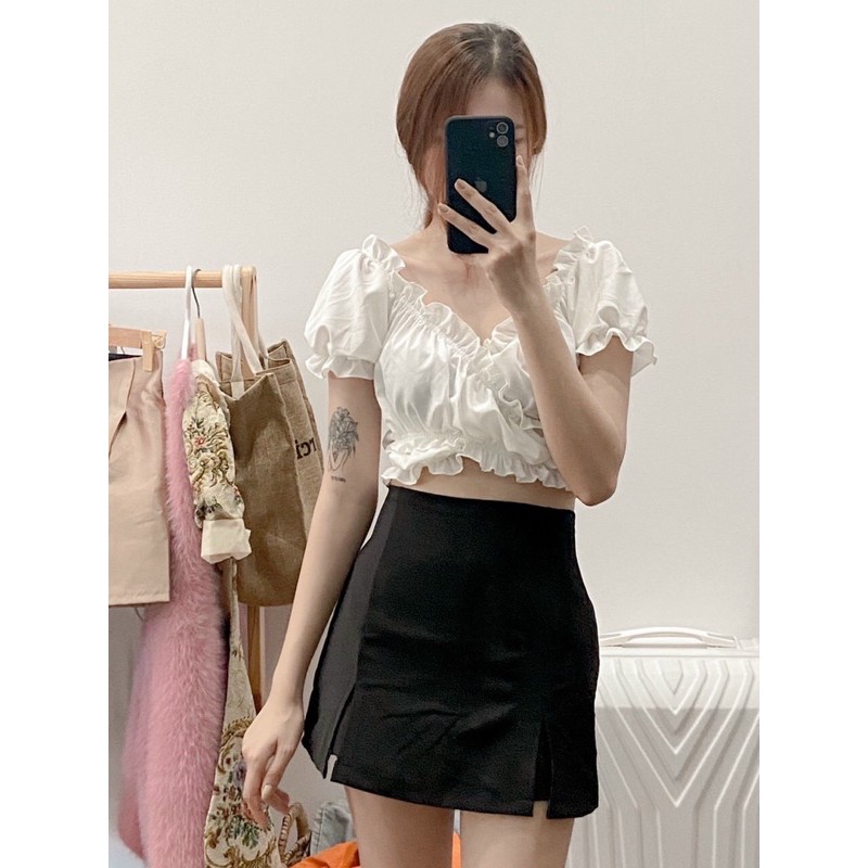 Áo kiểu nữ form croptop chất kate lụa nhún dây cột eo