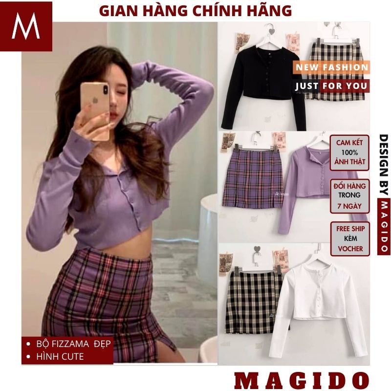 sét váy nữ 💚 croptop dài tay có nút cài +chân váy kẻ caro ulzzang, sét đồ nữ vintage  MAGIDO (ẢNH THẬT+ FREESHIP+ QUÀ) | BigBuy360 - bigbuy360.vn