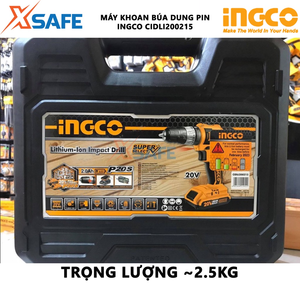 Máy khoan bê tông dùng pin 20V INGCO CIDLI200215 nhông hai tốc độ 400-1500v/p, lực đập 22500v/p, có đèn làm việc