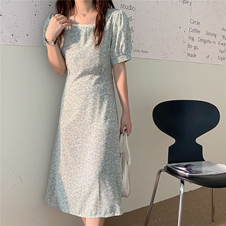 Váy vintage hoa nhí cổ vuông ren tay lỡ dáng dài , tặng kèm srunchies buộc tóc siêu xinh Hot 2021-069