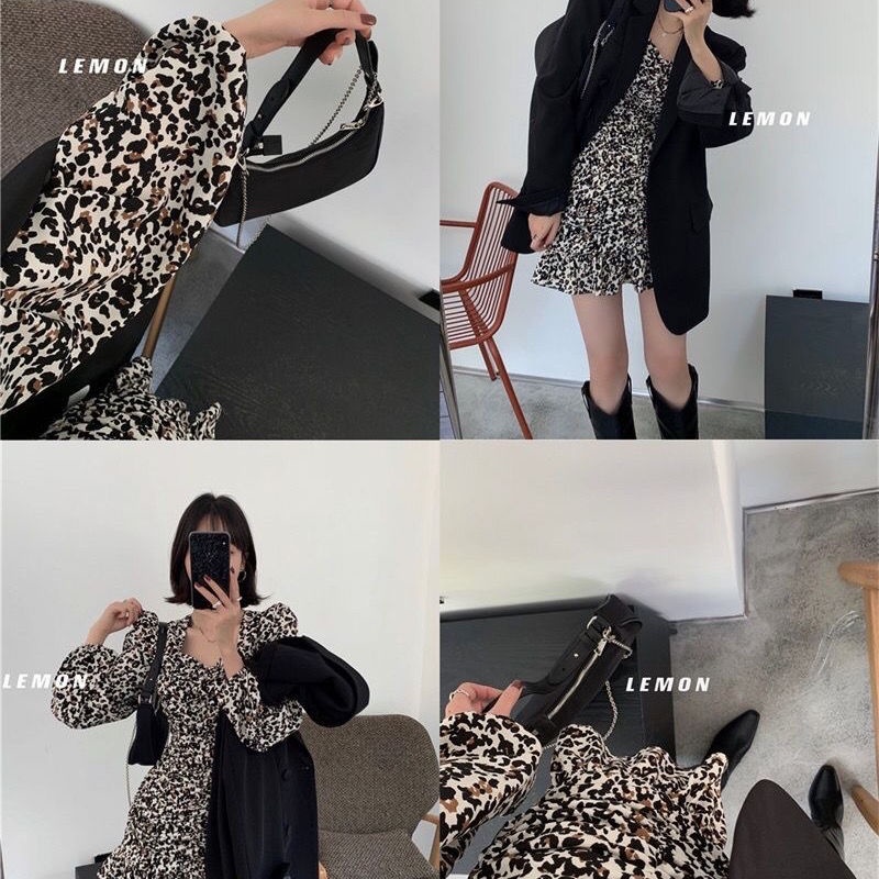 Đầm nữ xếp ly ôm eo họa tiết da báo thời trang mùa thu cá tính