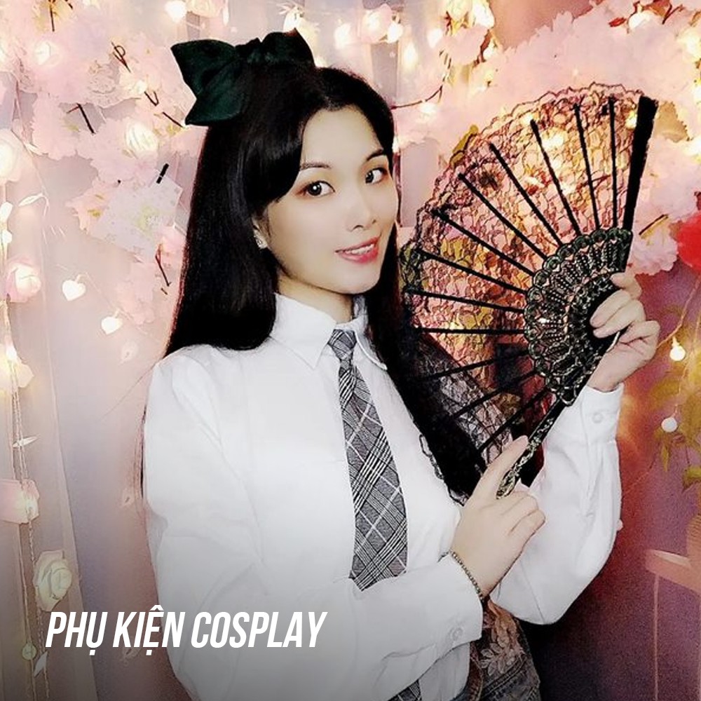 Quạt Cầm Tay Hóa Trang Cosplay Đen Ren Huyền Bí Đuôi Tua Rua Đạo Cụ Cổ Điển Phong Cách JK Nhật Bản Q00039