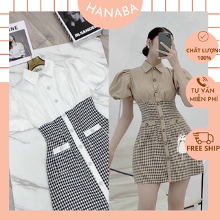 Đầm váy sơ mi tay phồng phối dạ tweed ziczac bigsize 50-90kg dáng chữ A thiết kế tôn dáng siêu xinh