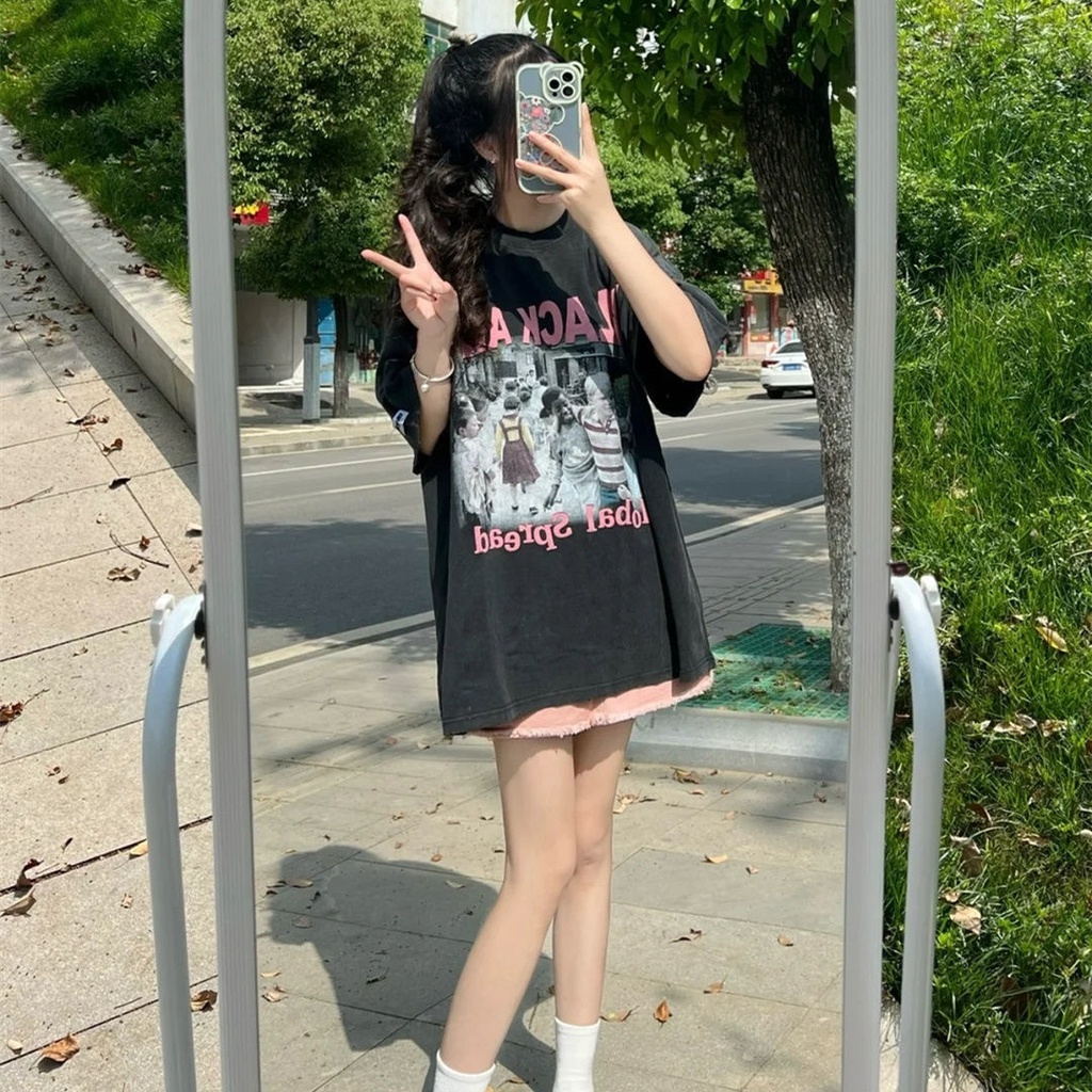 Jiashucheng Áo Thun Nữ Ngắn Tay Dáng Rộng Phong Cách Retro