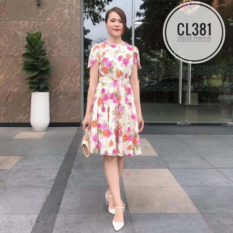 Đầm hoa hồng xòe ngang gối CL381