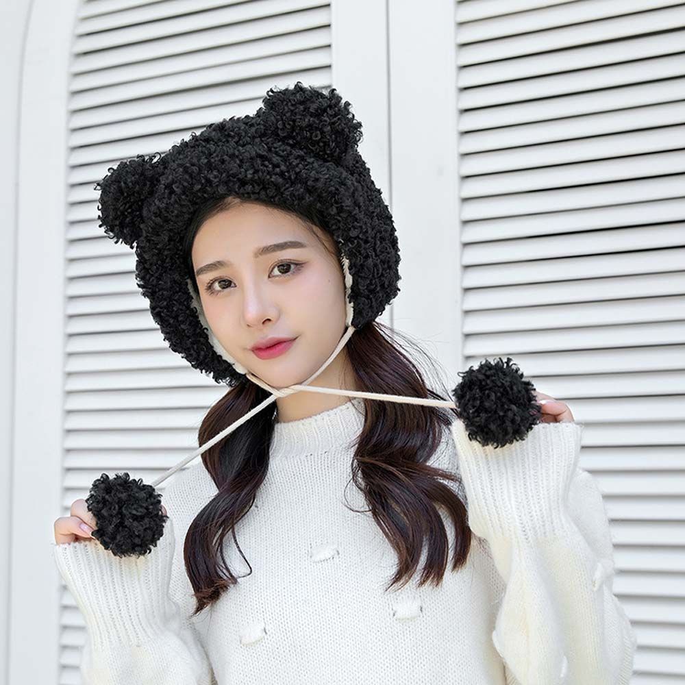 Mũ len giữ ấm tai gấu phối banh lông thời trang mùa đông cho nữ