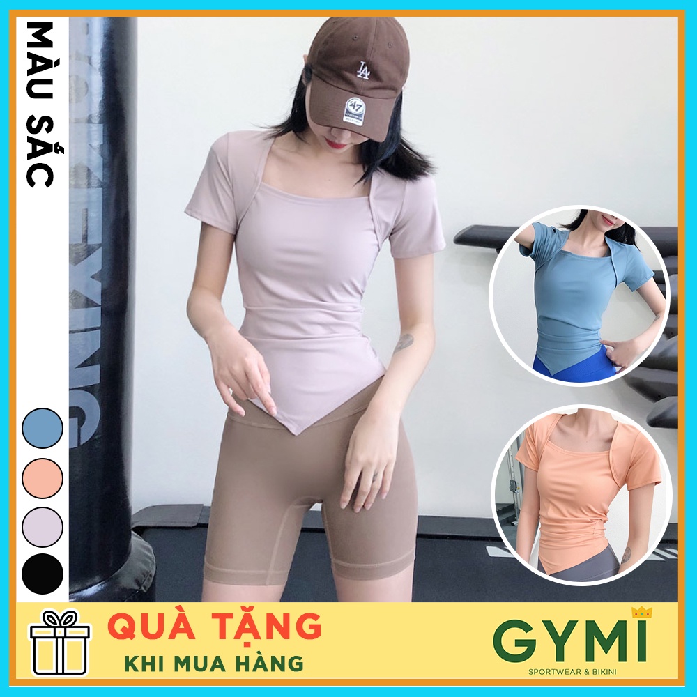 Áo tập gym yoga nữ GYMI AC29 dáng dài phủ bụng ngắn tay cổ vuông chất thun poly cao cấp nhúm eo phom ôm