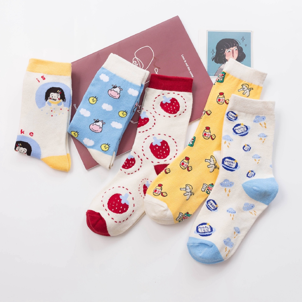 Strawberry Couple Socks New Street Trend Cotton Breathable Angel Cow Print Men Women Casual Crew Socks Stretch Kawaii Socks