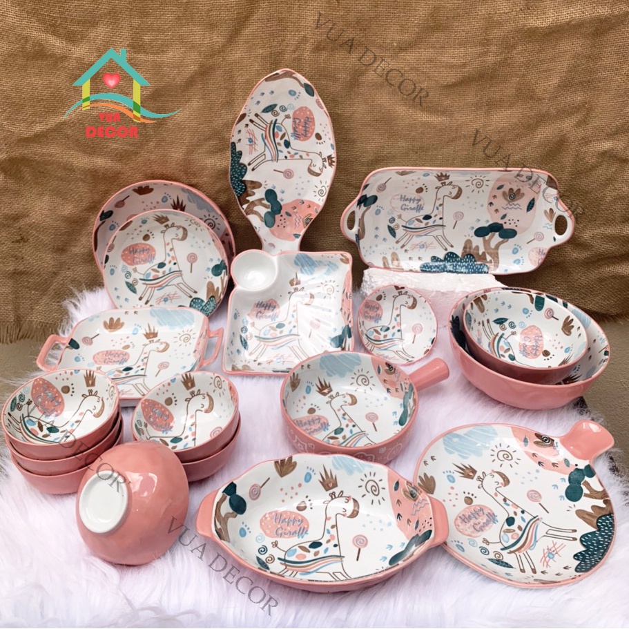 Bộ Chén Sứ Bát Ăn Cơm Bộ Bát Đĩa Decor Chén Dĩa Sứ Hươu Hồng Dễ Thương Cute Cao Cấp S98