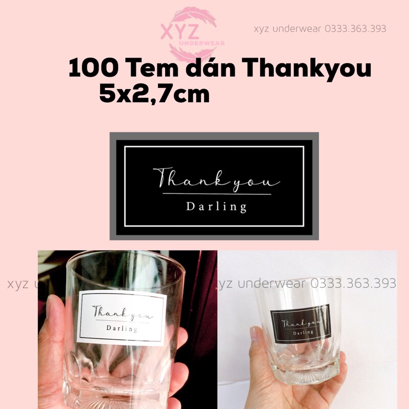 100 Tem dán Thank you hình chữ nhật  màu đen/trắng đẹp sang trọng để bán hộp bánh, hộp quà,niêm phong giấy gói quần áo