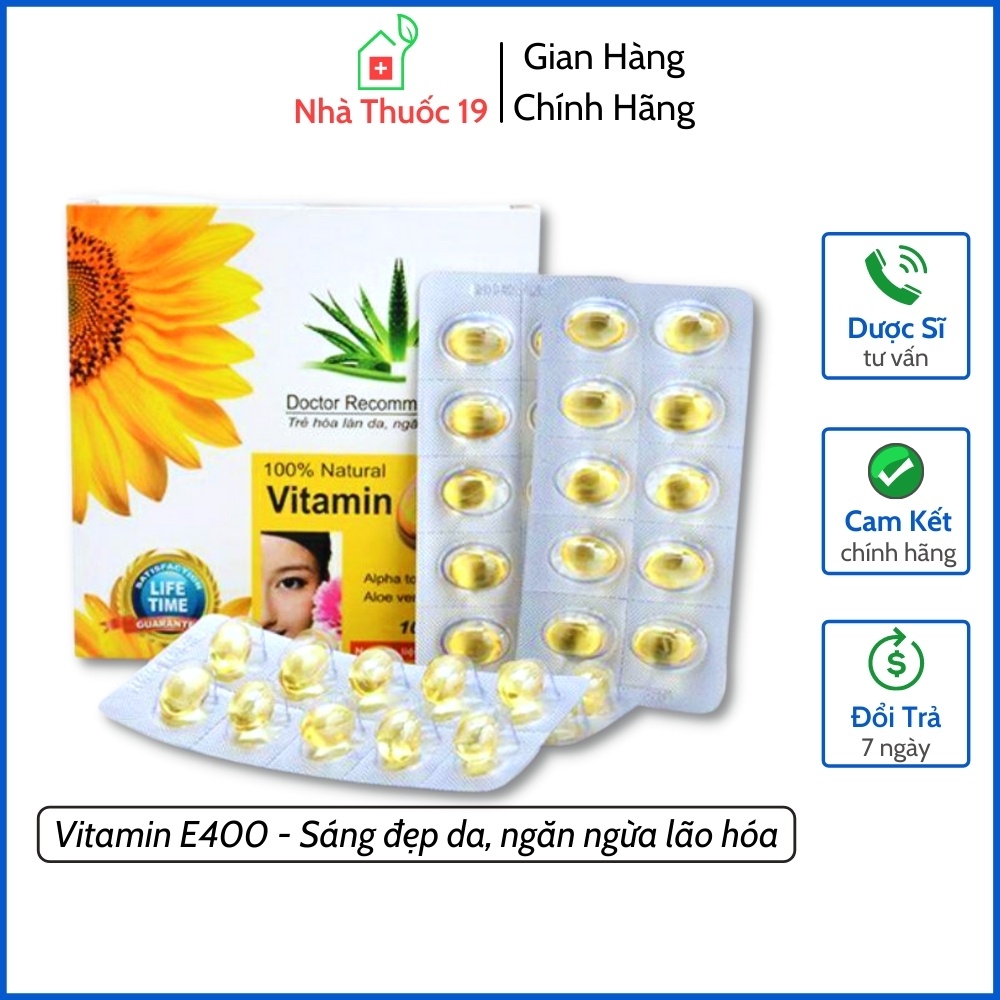 Viên uống đẹp da Vitamin E400, Hộp 100v bổ sung vitamin E400 kèm tinh chất lô hội giúp chống lão hóa, tốt cho sinh lý