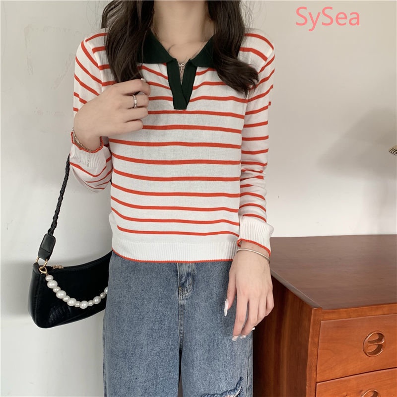 Áo Polo Dệt Kim Kẻ Sọc Kiểu Vintage Thời Trang Mùa Thu Cho Nữ